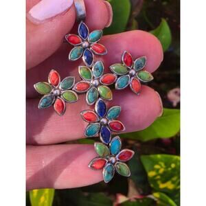 Vintage Sterling Silver Multi Stone Turquoise Lapis & Spiny Oyster Cross Pendant